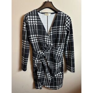 Feiman Dress Womens XL Black‎ White Plaid Wrap Long Sleeve Midi VNeck Preppy Mod
